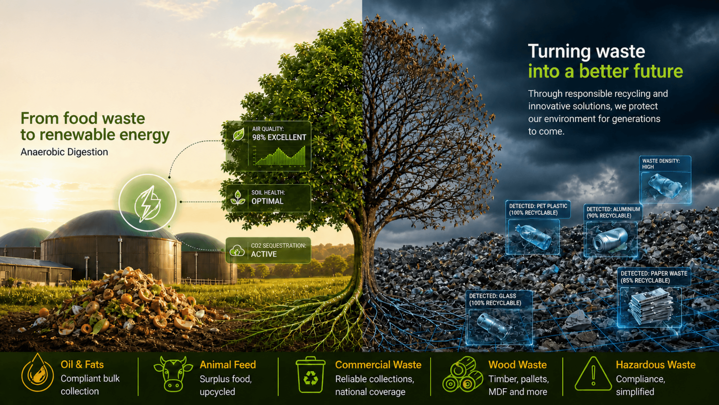 Rural Recycling Ltd — Sustaining tomorrow, today. A split visual contrasting a thriving green ecosystem powered by renewable energy with a polluted waste landscape, illustrating our mission to turn waste into a better future.